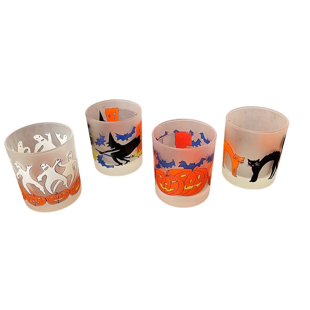 Halloween Frosted Glasses Lowball Dartington Bar Party Witch Cats Bats Ghost